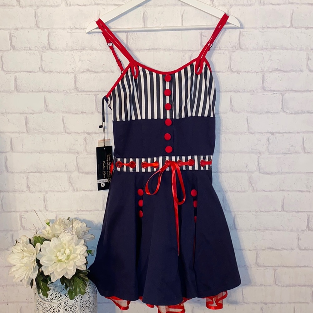 Voodoo Vixen Navy and Red Striped Dress Small NWT